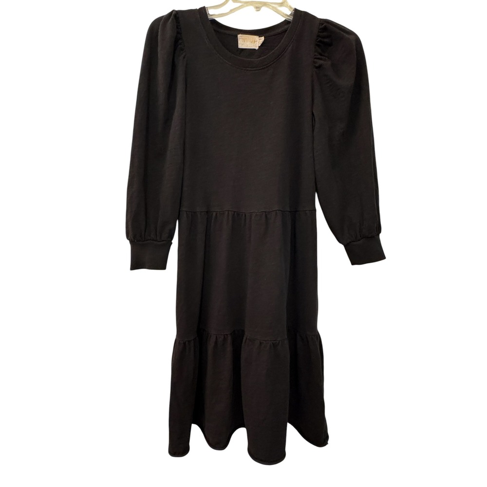 Nation LTD Black Cotton Tiered Puff Sleeve Midi Dress XS 5182JJR Crew Neck
